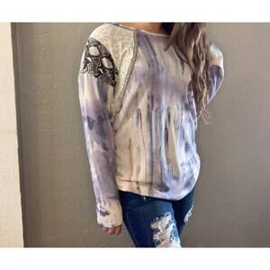 NEW Tie Dye Knit Top With With Print Block Shoulder womens Small boho casual